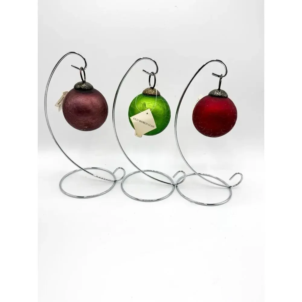 3 Old World Christmas Kugel Style‎ Crackle Glass Ornaments red purple green